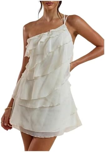 SOLY HUX Women's Mini Dress One Shoulder Ruffle Mesh Dresses Laye...