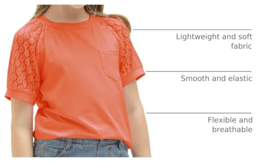 Image of Girls Summer Short Sleeve Shirts Lace Casual Cute Crew Neck Solid Color Blouses Tops Sizes 6-15 Years
