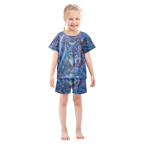 senya Short Sleeve Pajamas Sets Summer Cotton Sleepwear Watercolor Moon Galaxy Wolf3
