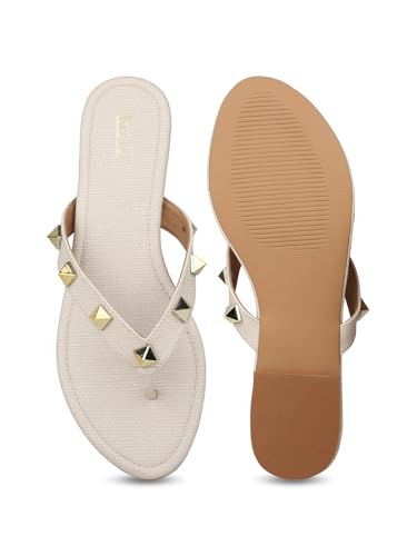 Image of Inc.5 Womens Cream Striped T-Strap Casual Flats Sandals Heeled