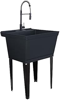 Utility Sink Extra-Deep Laundry Tub in Black with High-Arc Coil Pull-Down Sprayer Faucet in Matte Black, Integrated Supply Lines, P-Trap Kit, Heavy Duty Floor Mounted Freestanding Wash Station