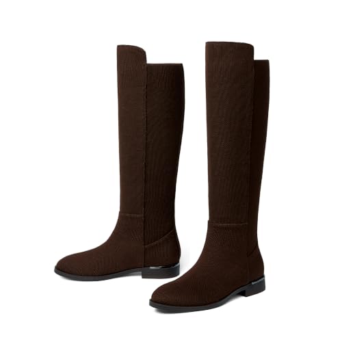 Image of Modatope Rounded Toe Flat Stretchy Dress Knee High Boots Side Zipper