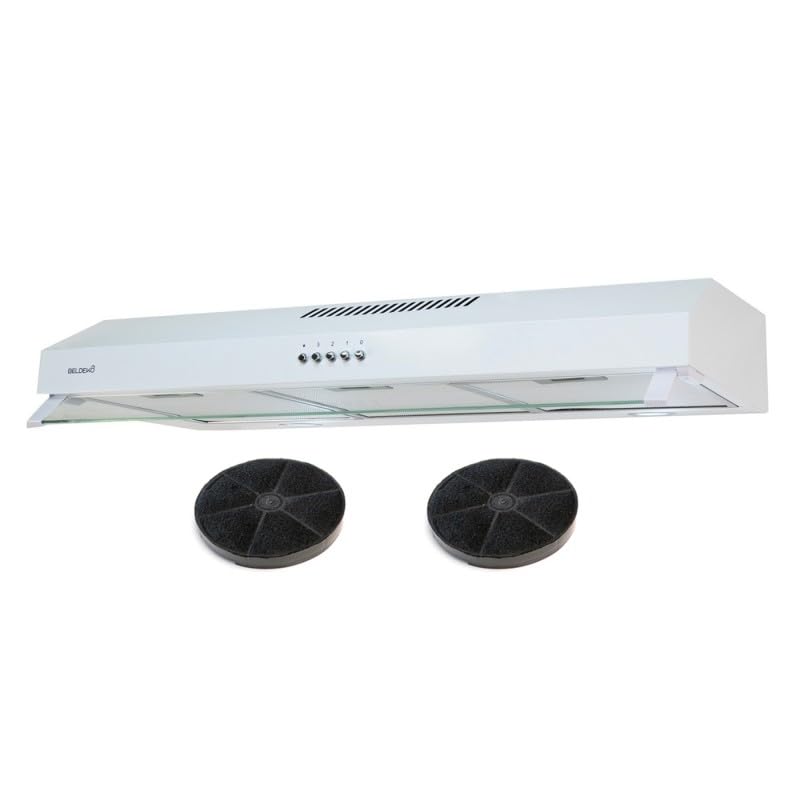 Hotte casquette visière RIVAGE 90 cm – Blanc – Double moteurs 200 W – Débit jusqu’à 438 m³/h – 3 vitesses – Filtres métalliques + charbon –...