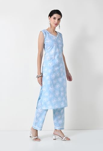 Image of LIBOZA Cotton Kurta Sets for Woman, Straight Sleeveless Kurti Set for Women, Festive Kurtis Pant Suit Kurtas Office Wear Trendy Stylish Designer