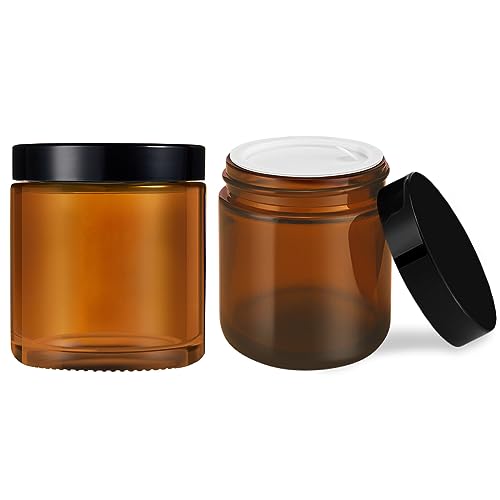 4 oz Glass Jars with Lids, 2 Pack Amber Jars with Lids & Inner Liners, Wide Mouth | Glass Black Mason Jars for Cream, Lotion, Honey, Jam, Jelly | Kitchen & Home