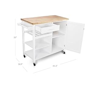 BELLEZE Modern Rolling Kitchen Island Utility Cart with a Drawer Storage Cabinet Handle Towel Rack Rubber Wood Top and Caster Wheels Sonoma White
