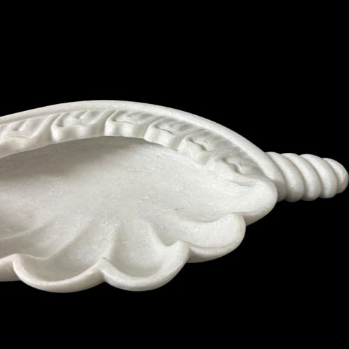 Image of Marble Urli Bowl for Decoration | Big Potpourri Decorative Bowls in Home decor | Large White Floating Flower Plates of Stone | Small Shape puja Item | (14 inch, Shankh)