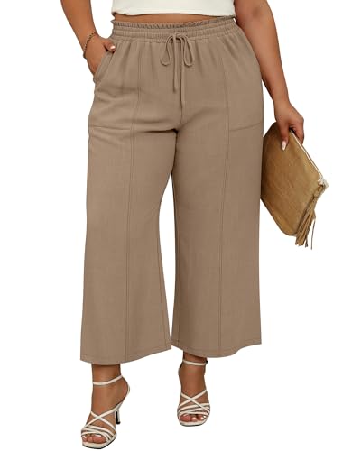Neer Women's Plus Size Linen Cropped Pants, Wide Leg High Waist Capri Pants Summer Casual Beach Trousers with Pockets