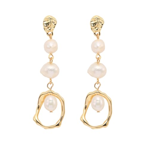Baroque Long Pearl Earrings for Women 14K Gold Plated Irregular Geometric Pearl Drop Dangle Earrings Sterling Silver Post Long Earrings Dainty Earrings Wedding Party Prom Birthday Jewelry Gift