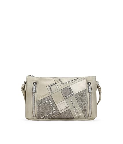 BOSANOVA Bolso Bandolera para Mujer en Formato pequeño con Patchwork Frontal con tachas Decorativas y asa de Cruzar Regulable. Cierre con Cremallera. Piedra U