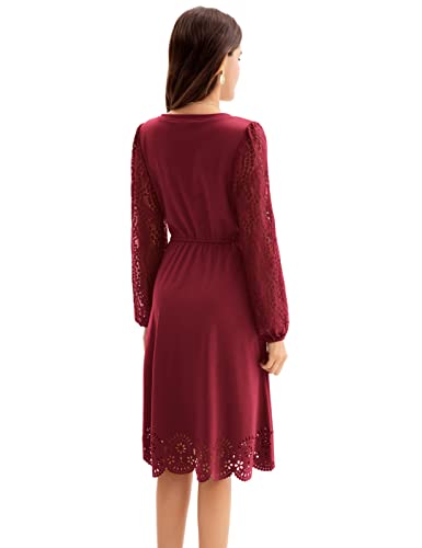 Women Vintage Cocktail Dress Long Sleeve Lace V Neck A Line Christmas Party Dress Wine Red S #TOP4