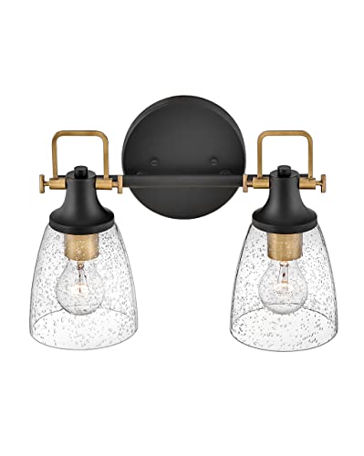 Image of Hinkley Easton Two Light Bath Vanity Fixture, Modern Industrial, Clear Seedy Glass Shade, Mounts Up or Down, Black and Heritage Brass