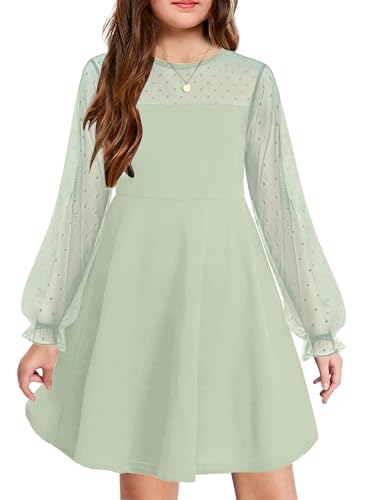 Arshiner Kleider Mädchen Kontrast Mesh Puff Langarm Festliches Prinzessin Kleid Kinder Herbstkleider Partykleid Elegant A-Linie Rundhals mit Taschen Hellgrün 140