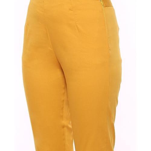 Image of Rangriti Peach Poplin Lycra Slim Solid Slim Pants for Women