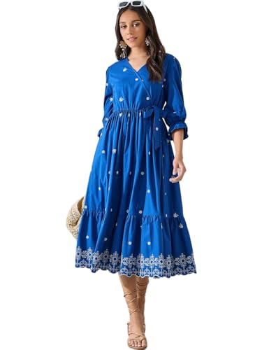 Image of Styli Women Blue V-Neck Wrap Contrast Embroidered Midi Dress | Three-Quarter Sleeves, Flattering Wrap Style, Soft Cotton |Perfect Dress for Casual & Evening Events