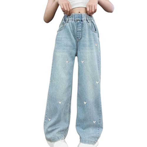 Girls Wide Leg Heart Embroidery Jeans Baggy Straight Denim Pants Vintage Streetwear Elastic Waist Casual Trousers