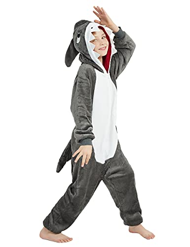 ABENCA Shark Onesie Kids Animal Costume Girls Pajamas One Piece Plush Sleepwear Cosplay Halloween Christmas.Grey Shark.140