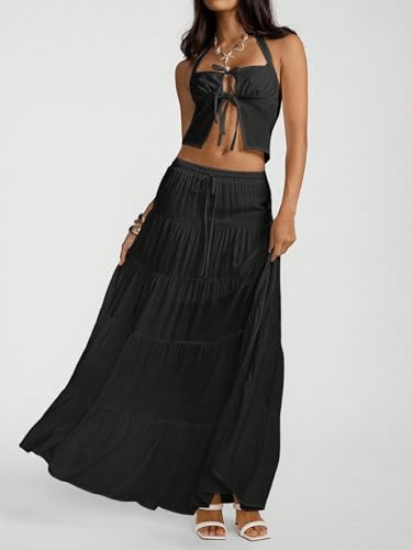 Image of Women's Boho Maxi Skirt Ruffle Flowy Low Rise A Line Beach Long Skirts | Flared Ruffle, Elastic Waist, Summer Vacation Skirts