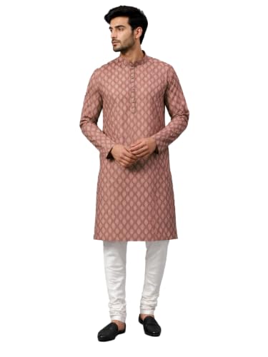 Image of LATEST CHIKAN Men's Silk Chikankari Kurta with Cream Churidar | Festive Set - KP Silk BANARSI