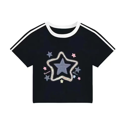 Gothic Playful Star Print, Casual Design Sense T-Shirt, Versatile Ultra Short top, Kawaii Spicy Girl Outfit - Main Image