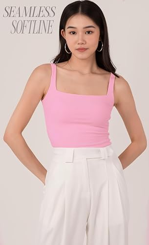 Image of SIGHTBOMB Microfiber Ultra Soft Feather Touch Seamless Front SOFTLINE Square Neck Double Layered Support Spaghetti Tank TOP for Women