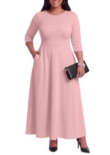 Image of FANDEE Fit-and-Flare Maxi Dress Round Neck Pleated Front Side Pockets | Front pleats soft flatter your bust shape; Empire Waist lengthen your figure; 3 /4 sleeves round neck suit for many occasions