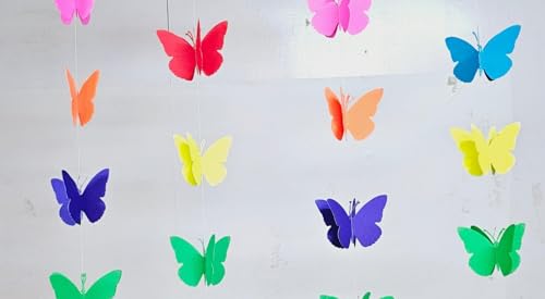 The Banner Company | Set of 5 3D Vibrant Rainbow Colours Butterfly | Foldable Paper Garlands | for Baby Girls | Theme Birthday | Kids Room Decoration | in 2 Meters