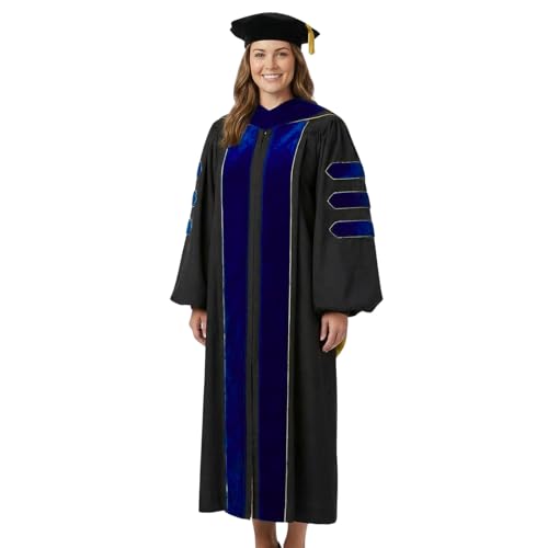 GAMYPET Deluxe Doctoral Regalia Set with PhD Hood & 8-Side Tam Premium Graduation Gown with Gold Piping and Velvet Trim Ceremony Attire