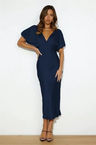 Image of Summer Satin V Neck Puffy Sleeves Empire Waist Midi Dresser Silk Sexy Tie Back Formal Cocktail Dresser for Women Wedding