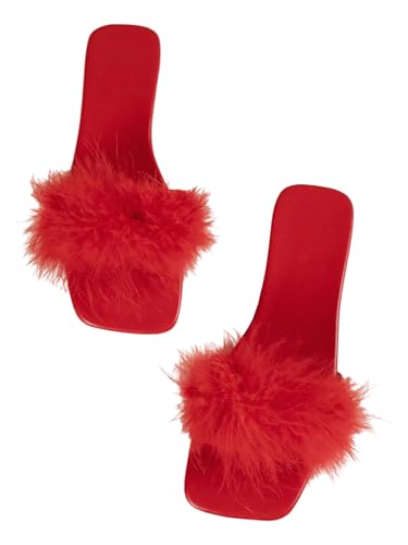 BEAUDRM Womens Sexy Flat Sandals Fuzzy Feather Dressy Flat Sandals Slip On Square Slipper Open Toe Fuzzy Slides Slippers Red 8.5