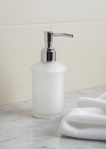 Image of Premium Frosted Glass Liquid Soap Dispenser with Rust-Proof Chrome Pump | Elegant Refillable Hand Sanitizer & Lotion Bottle for Bathroom Countertop, Kitchen Sink, and Wash Basin