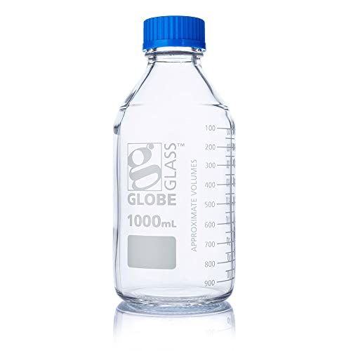 Globe Scientific Globe Glass Media Bottle, 8101000, 1000mL, GL45 Screw Cap, 3.3 Borosilicate Glass, Dual Graduations, 10/Box