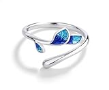 925 Sterling Silver Blue Enamel Leaf Ring, Adjustable Open Wrap Design, Hypoallergenic Nature Inspired Statement Jewellery for Women