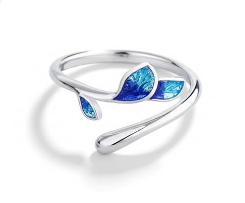 Image of 925 Sterling Silver Blue Enamel Leaf Ring, Adjustable Open Wrap Design, Hypoallergenic Nature Inspired Statement Jewellery for Women