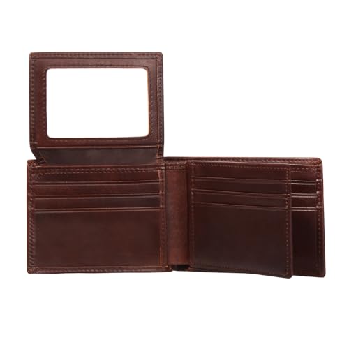 Mens Bifold Leather Wallet with 2-3 ID/photo windows and 14 Card Slots, Large Capacity RFID Blocking Wallet for Men（Dark brown ）