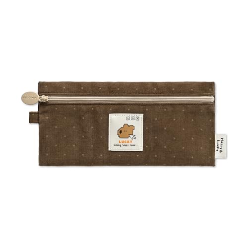 Image of Monolike Happy and Lucky Candy Dot pen case, Brown - Slim Corduroy Style Cotton Pen Pouch, Cute Aesthetic Pastel Stationery Organizer for Office