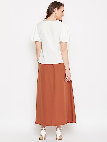 Image of Women Off-White & Brown Solid Top with Skirt