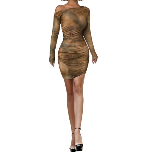 Image of Women's Long Sleeve Bodycon Mini Dress Tie Dye Print Slim Fit Asymmetrical Neck Elegant Formal Ruched Short Dresses