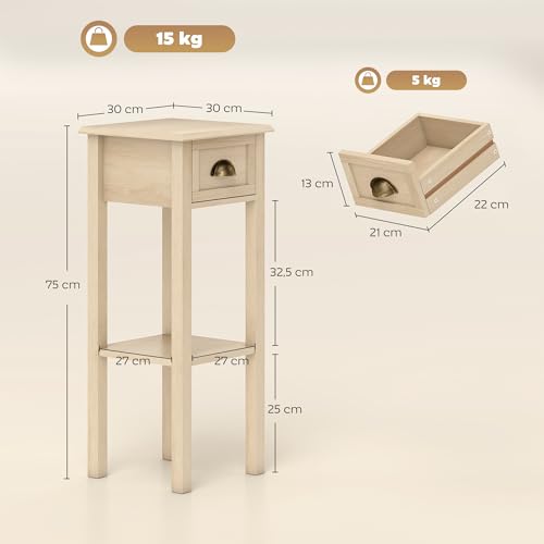 HOMCOM Mesa Auxiliar Rústica, Mesa Auxiliar para Sofá, con Cajón y Estante, Mesita de Noche para Salón, Dormitorio, 30x30x75 cm, Madera Natural - imagen 3