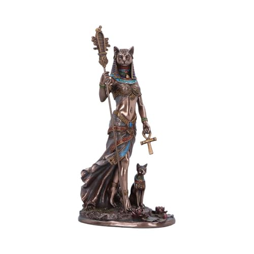 Figurina Bastet: ritrae la dea egizia della protezione, della fertilità e della casa, tenendo la croce Ankh e il bastone per la forza simbolica.