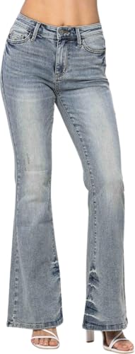 Judy Blue Women's Mid-Rise Tinted Pin Tack Detail Flare Jeans (Medium Blue, 22 Plus)