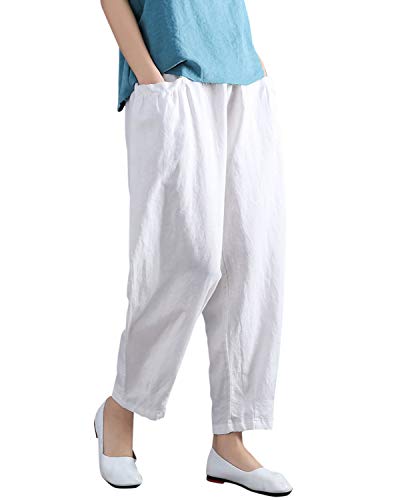 Aeneontrue Women's Linen Pleated Ankle Pants Capris Cropped Tapered Trousers with Pockets White Large