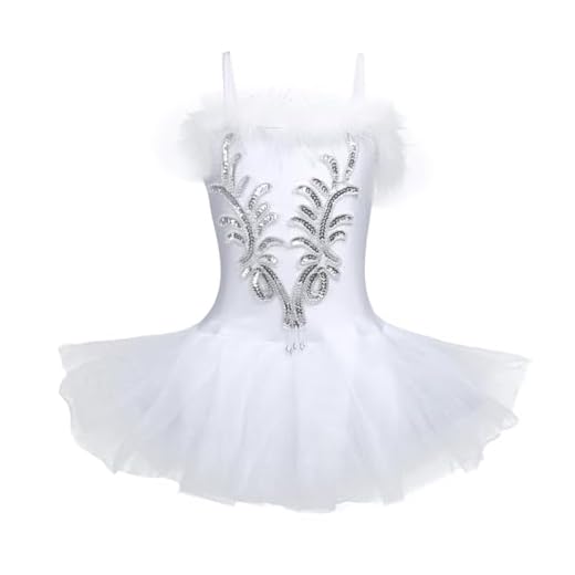 Freebily Vestido de Fiesta Actuación Maillot de Ballet Danza con Flor de Lentejuelas para Niña (4-12 años) Tutú Infantil + Guantes + Clip Blanco 7-8 Años