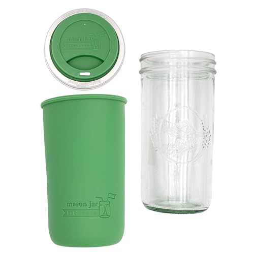 Mason Jar Lifestyle Wide Mouth 24oz Pint & Half Mason Jar Water Bottle Travel Tumbler with Silicone Sleeve & Drinking Lid (Leaf Green)
