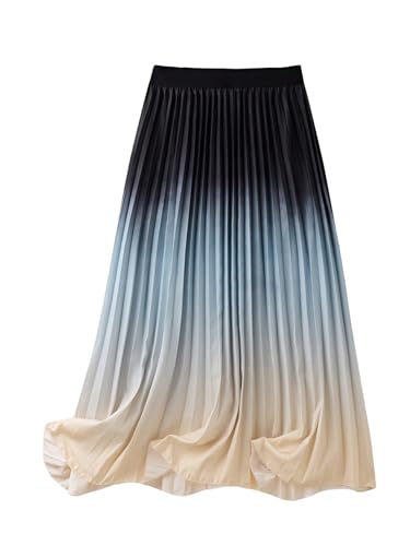 OYOANGLE Women's Ombre Pleated Long Skirts Elastic Waist Beach Vacation Flowy Boho Skirt