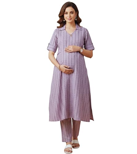 Image of DUMMY SHAPE Feeding Dresses for Women Full Set | Cotton Blend Maternity Kurta Pant Suit with Dual Nursing Zippers, Side Pocket to Pre & Post Pregnancy | Mom to Be Gifts