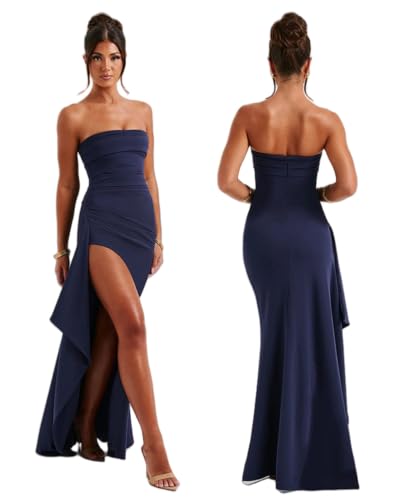 Image of Women's Sexy Strapless Backless High Split Long Maxi Dress Ruched Off Shoulder Sleeveless Bodycon Party Cocktail Dresses