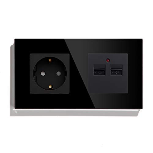 Schuko Steckdose mit USB Schwarz Glas Panel 16Amp Steckdose 3.1A Doppel USB 157mm Wandsteckdose Verlängerungssteckdosen Geeignet für