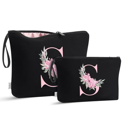 Image of Vavabox A-Z Personalized Makeup Bag, Birthday Gifts for Women Mom, Gifts for Best Friend, Bride Bridesmaid Cosmetic bag (S, 04-Black Set)
