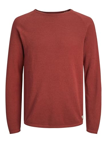 Jack & Jones JJEHILL Pull en Tricot à col Rond Basique à Manches Longues en Coton pour Homme, Red Ochre/détail : torsadé, M